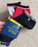 GENUINE 3 Pairs : POLO RALPH LAUREN 1/2 Cushion Black Grey Red Low Cut SOCKS RL8