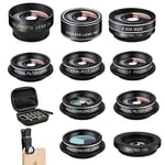 11 in 1 Cell Phone Camera Lens Kit Wide Angle Lens & Macro Lens+Fisheye Lens+Telephoto Lens+CPL/Flow/Radial/Star/Soft Filter+Kaleidoscope Lens Compatible for iPhone Samsung Sony and Most of Smartphone