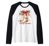 Howdy Christmas Cowgirl Boots Coquette Bow Western Xmas Raglan Baseball Tee