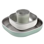 BÉABA, Coffret Repas Bébé Enfant Inox, 3 Pièces, Verre + 2 Assiettes, Compatible Micro-Ondes et Lave-Vaisselle, Sain et Solide, Léger, Incassable, Anti-dérapant avec Housse en Silicone, Sage Green