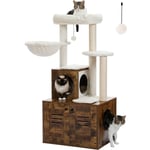 PAWZ Road Arbre à Chat en Bois avec Maison de Litière, Meuble d'intérieur pour Chat Tout-en-Un avec Grande Plateforme, Niche, Tapis Lavables, Hamac,