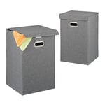 Relaxdays Set of 2 Laundry Baskets, Folding Washing Hamper with Lid, Clothes Bin, 62 L, 55.5 x 35.5 x 35.5 cm, Grey