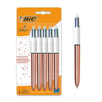 BIC 4 Couleurs Rose Gold, Stylo à Bille Rétractable, Stylo 4 Couleurs, Corps Or Rose Métallisé, Pointe Moyenne 1 mm, Lot de 5