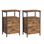 Lot de 2 Tables de Chevet, Table de Nuit, Bout de Canapé 2 Tiroirs, pour Chambre, Salon, Style Industriel, Marron Rustique et Noir - Vasagle