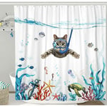 Rideau de Douche 180 x 200 cm Plongée Chat Océan Imprimé Imperméable Rideau de Bain Lavable Anti Tissu Polyester à Séchage Rapide Accessoire de Salle