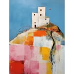 Artery8 House on the Hill Oil Painting Abstract Geometric Patchwork Palette Knife Pastel Colour Rural Landscape Large Wall Art Poster Print Thick Paper 18X24 Inch