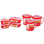 Sistema Heat and Eat Microwave Set | 4 Rectangular Food Containers with Lids (2x 1.25L + 2x 525ml) & Microwave Soup Mugs | Microwave Food Containers with Steam Release Vents | 656 ml| Red | 3 Count