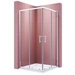 Cabine de douche complète SIRHONA 90x90x185 cm coulissante à double ouverture, porte en verre à 2 panneaux fixes de 5mm, finition chromée.