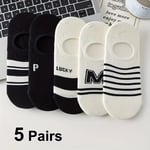 5 Pairs Black And White Invisible Socks Comfy Ankle Wear Casual Women's Footwear