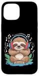 Coque pour iPhone 15 Musique Paresseux Avec Écouteurs Clé De Sol Musicien Music