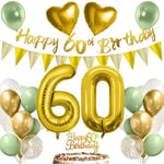 Decoration Anniversaire 60 Ans Femme Homme, Ballon Chiffre Anniversaire 60 Vert Or Blanc avec Banderole Joyeux Anniversaire et Decoration Gateau Anniversaire pour Deco Anniversaire 60 Ans