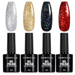 TOMICCA Vernis Semi Permanent Paillettes Set, 4 Couleurs Rouge Blanc Noir Vernis Gel UV Paillettes, Soak-Off UV/LED Vernis à Ongles Pour Studio de Manucure et au Bricolage à Domicile, 8ML