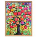 Apple Tree Folk Art Bright Watercolour Painting Art Print Framed Poster Wall Decor 12x16 inch