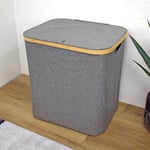 Bathroom Laundry Hamper with Lid Basket Bamboo Grey Cloth Handles Bedroom