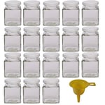 Lot de 18 petits pots à confiture pour 106 ml avec couvercle blanc pour confiture, épices, sels, huiles - Avec entonnoir jaune