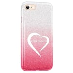 Coque Iphone 7 et 8 et SE 2020 paillettes rose tie coeur blanc personnalisee