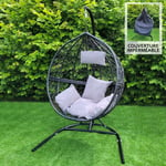 Chaise Suspendue Rotin Jardin Patio Extérieur Intérieur Eté Fourniture Siège Noir l Avec Set Coussins, Couverture imperméable et Cadre Métallique