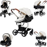 Magic ZC PU Leather 3 in 1 Pushchair Pram Travel System, Baby Stroller 3 in 1 with Reversible Two Pushing Modes, Newborn Infant Buggy Aluminum Frame, Toddler Carriage One-Click Folding (White 518-1)