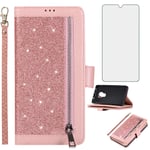 Asuwish Compatible with Huawei Mate 20 Wallet Case and Tempered Glass Screen Protector Glitter Leather Flip Cover Zipper Card Holder Stand Cell Phone Cases for Huwai Hwauei Hawaii Mate20 P20 Rose Gold