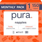 Pura Eco Baby Nappies - Size 1 (2-5kg / 4-11lbs), 6 x 25 Nappies (150 Total), Monthly Pack, Newborn Nappies for Sensitive Skin, Organic Cotton, Wetness Indicator, Umbilical Cord Cutout, New Size Guide