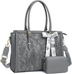 Sac Ordinateur Femme 17-17,3 Pouces,Sac Fourre-Tout En Cuir Pu Compatible Avec Macbook,Hp,Dell,Asus,Sac Pc Portable Rétro Hibiscus Gaufré Avec Écharpe Soie&Pochette,Gris