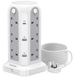 Tower Extension Lead with USB Slots,12 Way Multi Plug Extension Tower,4USB and 2USB c,Max. 3250W Capacity,Surge Protection Extension Cord with Switch，Plug Socket Tower Power Strip with 2M Cable