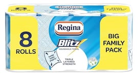 Regina Blitz Household Towels – 8 Triple Layered Rolls, 70 Sheets Per Roll, Paper Packaging, FSC Certified Paper, Recyclable Packaging, 60% Larger Than Standard Kitchen Roll Sheets