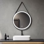 Meykoers Miroir salle de bain éclairé Rond 70cm, Miroir Mural Rond lumineux avec Interrupteur Tactile, avec Bracelet en simili-cuir noir