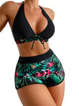 GORGLITTER Women's 3 Piece Leaf Print Halter Bikini Set Deep V Neck Tie Knot Swimsuit Bathing Suit with Swim Shorts Black Green Floral M