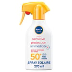 NIVEA SUN Spray solaire Sensitive Protection Immédiate Peaux Sensibles FPS 50+ (1 x 270 ml), Protection solaire non grasse et sans parfum, Crème solaire résistante à l’eau