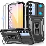 Jshru for Samsung A25 5G Phone Case with Screen Protector [2 Pack] and Slide Camera Cover,Galaxy A25 Shockproof Protection Case,Ring Kickstand Phone Cover for Samsung Galaxy A25,Black