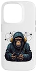 Coque pour iPhone 14 Pro DJ rave à capuche gorille avec casque gamer professionnel