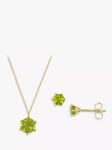 E.W Adams 9ct Yellow Gold Solitaire Peridot Pendant Necklace & Stud Earring Jewellery Set, Gold/Green