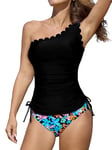 CUPSHE Tankini pour femme - Maillot de bain deux pièces avec col festonné et nœud latéral, Motif floral Noir, Taille M