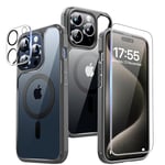 TAURI 5 in 1 Magnetic for iPhone 15 Pro Case, and 2X Screen Protectors+2X Camera Lens Protectors, [Not-Yellowing] [12 FT Grade Protection] Mag-Safe Case for iPhone 15 Pro 6.1 inch - Grey