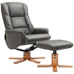 HOMCOM Fauteuil de relaxation avec repose-pied, fauteuil relax salon, dossier à bascule, fauteuil inclinable, assise rembourrée, revêtement synthétique, cadre en bois massif, design contemporain, gris