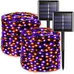 2-pack solcellsbelysning för Halloween, 33 fot 100 LED orange och lila Halloween ljusslingor, 8 lägen solcellslampor för trädgård, spöklik fest