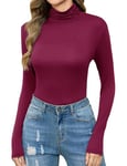 Irevial T-Shirt Manches Longues Femme Haut Col Roulé Hiver Top Chaud Haut Col Montant Chic Débardeurs Thermal Vin Rouge, S