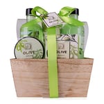 Accentra-Set de douche pour femmes OLIVE dans une belle boîte en bois -Set de soins 5 pièces gel douche, bain moussant, lotion, gommage et sels de bain - Cadeau de bien-être idéal pour un anniversaire