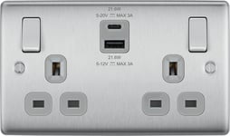 BG NBS22UAC22G Brushed Steel Double Socket with USB 22W Type A & Type C USB