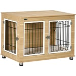 Pawhut - Cage pour chien sur pied - 2 portes verrouillables, coussin déhoussable inclus - acier filaire noir panneaux aspect bois clair - Beige