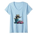 Womens Funny Raccoon DJ with Boombox and Trash Party V-Neck T-Shirt