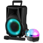 ENCEINTE PORTABLE 200W AVEC USB, BLUETOOTH + JEUX DE LUMIERE ASTROBALL + MICRO SANS FIL PA DJ SONO LED SOIREE FAMILLE KARAOKE