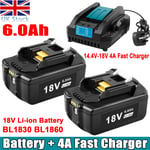 2X 6Ah Battery + Fast Charger For Makita BL1830B 18V Lithium Ion Battery BL1860