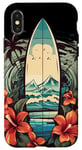 Coque pour iPhone X/XS Planche de surf vintage motif hibiscus plage palmiers