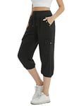 fuinloth Pantacourt Femme été Cargo Randonnée Chic Cordon Pantalon 3/4 avec Quatre Poches Noir XS 34-36