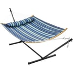 Hamac avec Support en Métal Oreiller Sac de Transport Extérieur Intérieur Jardin Balcon Terrasse Camping Rayures Bleu