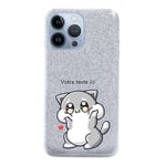 coque Iphone 13 PRO paillettes argent chat kawaii