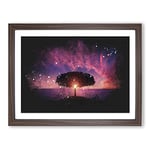 Lone Tree Beneath A Purple Sunset Paint Splash Modern Art Framed Wall Art Print, Ready to Hang Picture for Living Room Bedroom Home Office Décor, Walnut A2 (64 x 46 cm)