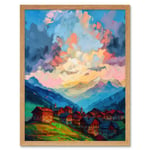 Atmospheric Clouds at Dawn Over Small Village Houses in the Alps Modern Watercolour Painting Art Print Framed Poster Wall Decor 12x16 inch